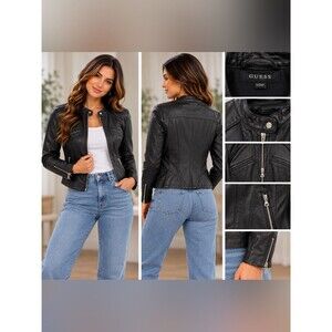 Guess Black Fitted Leather Moto Jacket